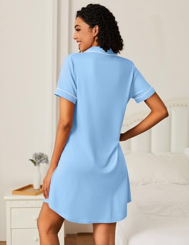 Ekouaer Nightgowns for Women Bamboo Viscose Button Down Sleepshirts - color: Light Blue, size: Large