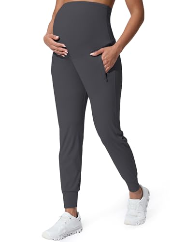 Mama Land Maternity Joggers Over Belly Pants with Zipper Pockets - color: Dark Grey, size: Medium