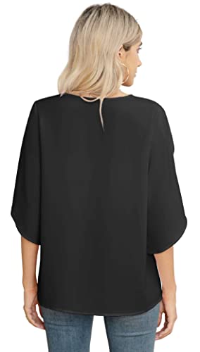 Jouica Women's 3/4 Ruffled Sleeve Blouses Summer Chiffon Casual Loose Tops - color: 01black, size: Medium