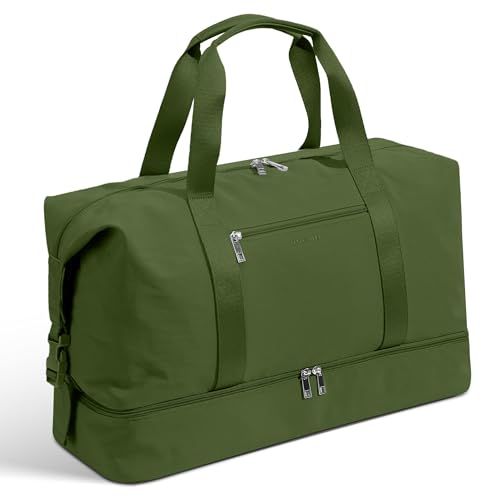 Oeihuivt Weekender Bags for Women - 21 Inch Large Travel Duffel Bag with Shoe Compartment, Heavy-Duty Canvas Leather Carry On Overnight Tote, Green - color: Green-1A