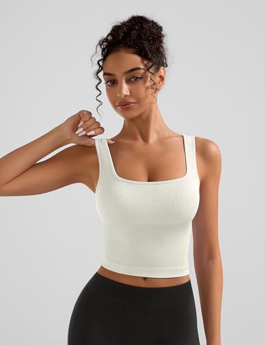OLCHEE Womens 2 Pack Crop Tank Tops Square Neck Workout Top Padded - color: Beige + Navy, size: X-Small
