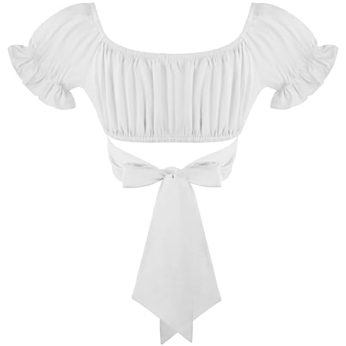 Women's Crop Tops Ruffle Short Sleeve Tie Back Off Shoulder Blouse - color: White, size: X-Large