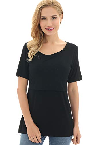 Bearsland Women's 3 Packs Maternity Nursing Tops Short Sleeve Breastfeeding Shirts - color: Black+grayblue+blackwhite Stripe(3pcs), size: Medium
