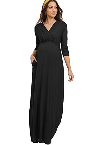 LaClef Women's Wrapped Ruched Maternity Dress with Pocket - color: Black, size: Small