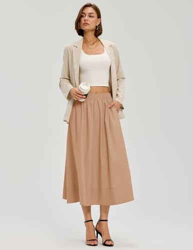 LOMON Midi Skirts for Women with Pockets A-Line Cotton Flowy Elastic Waist - color: Camel, size: X-Large