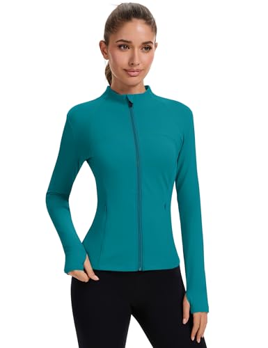 Rapbin Women's Full Zip Workout jackets Runing Slim Fit Athletic Tops With Thumb Holes - color: Blue Green, size: Medium