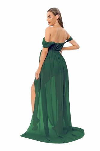 Off Shoulder Open Belly Split Front Tulle Maternity Dress for Photoshoot - color: Dark Green, size: Medium