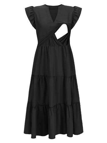 CzzzyL Womens Nursing Midi Dress Breastfeeding Sleeveless Tiered Pockets - color: Black, size: Small