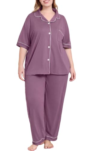 Women Plus Size Button Down Pajamas Long Pants Lounge Sets PJS - color: Hazy Purple, size: X-Large