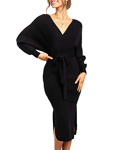 Womens Maxi Sweater Dress Long Sleeve Batwing Wrap V Neck Fall Dresses - color: 1-black, size: Small