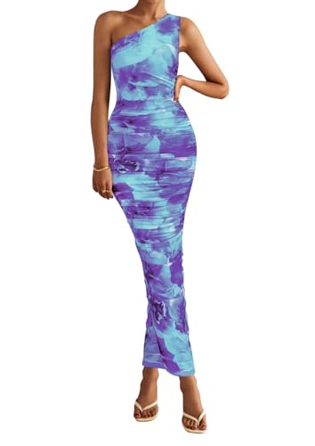 PRETTYGARDEN One Shoulder Maxi Dress Ruched Printed - color: Floral Blue, size: XX-Large