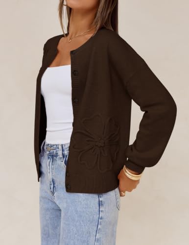 MEROKEETY Women's Fall Floral Button Up Lightweight Cardigan Sweater Trendy - color: Coffee, size: Small