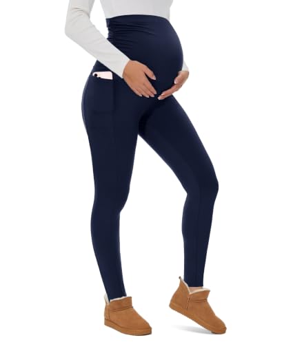 UBCUTE Women’s Maternity Fleece Lined Leggings with Pockets Warm Winter - color: Navy, size: Medium