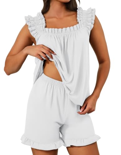 SIMIYA Pajamas for Women Set Ruffle 2 Piece Pj Sets Soft Bridal Sleepwear - color: White, size: XX-Large