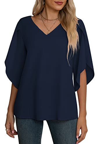 Jouica Women's 3/4 Ruffled Sleeve Blouses Summer Chiffon Casual Loose Tops - color: 01navy Blue, size: Small