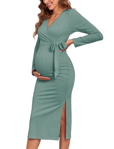 2025 Fall Rib Knit Maternity Nursing Dress Knot Side Long Sleeve V Neck Bodycon Wrap Pregnancy Split Dresses - color: Ice Green, size: Medium