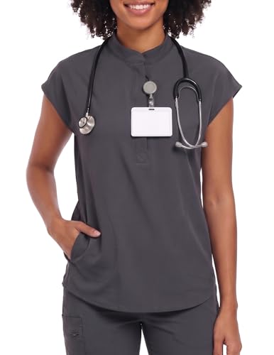 VECARDI Womens Scrub Top Zip Front Dolman Sleeves with Pockets - color: Grey, size: Small