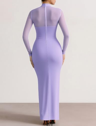 Dedysler Long Sleeve Wedding Guest Bodycon Maxi Dress Cocktail Party - color: Light Purple, size: Medium