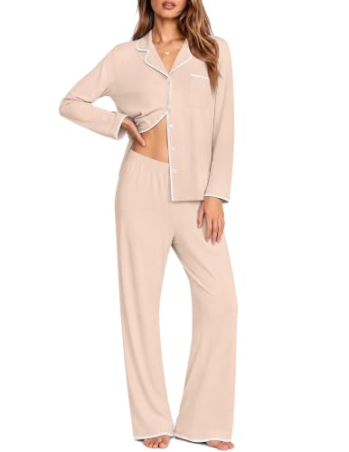 Ekouaer Pajamas for Women Set Long Sleeve Lounge Set Soft Button Down Pjs - color: Champagne, size: Medium