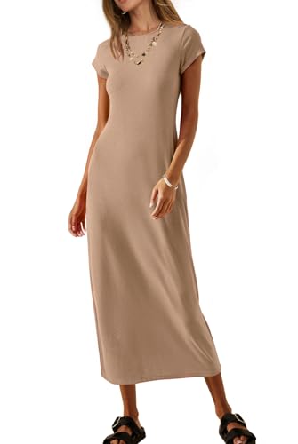 MEROKEETY Women's Summer Casual Tshirt Dress Short Sleeve Maxi Long Dresses - color: Sand, size: Large