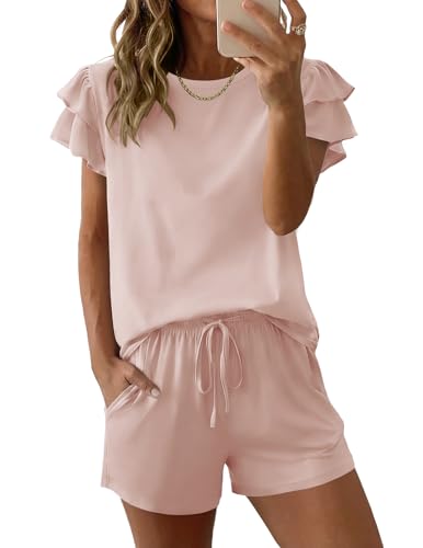 Ekouaer Womens Pajama Sets 2 Piece Ruffle Sleeves Top and Shorts Pjs - color: Light Pink, size: Small