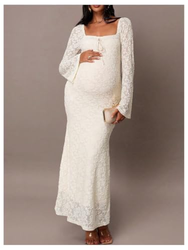 SweatyRocks Women's Maternity Lace Baby Shower Swiss Dots Maxi Dresses - color: Apricot, size: Medium