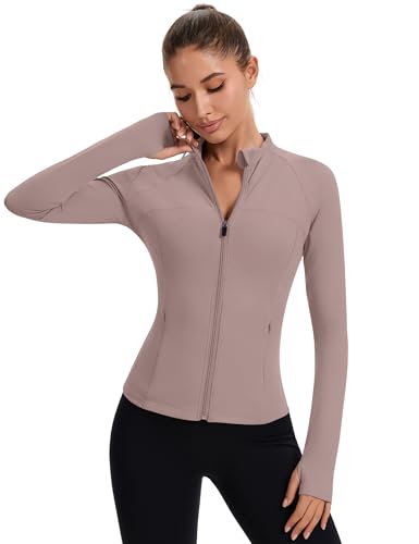 Rapbin Women's Full Zip Workout jackets Runing Slim Fit Athletic Tops With Thumb Holes - color: Cream Coffee, size: Large