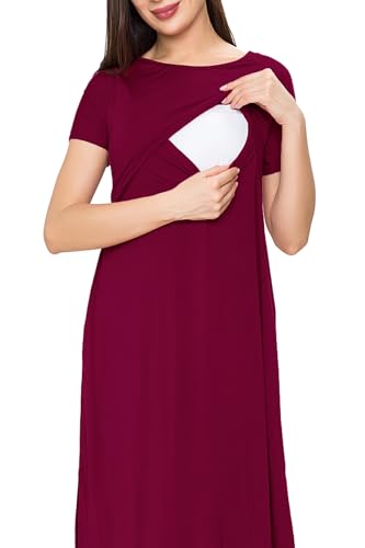 Smallshow Women's Maternity Nursing Dresses Split Long Dress for Breastfeeding - color: Burgundy, size: Small