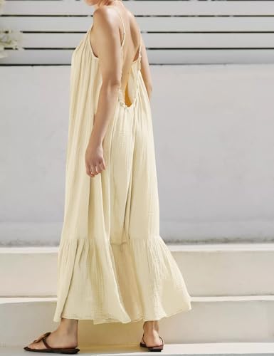 R.Vivimos Women's Summer Cotton Backless Casual Maxi Dress - color: Beige, size: Medium