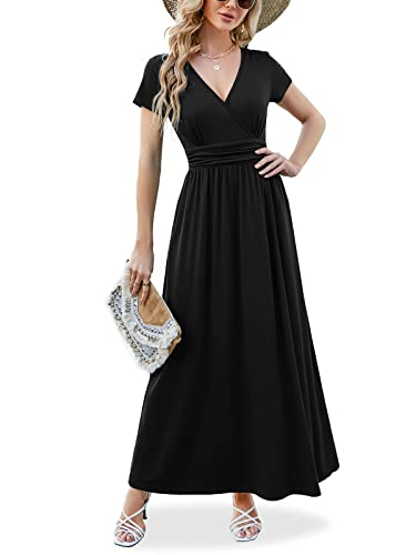 ANRILITA Women's 2026 Wrap V Neck Maxi Dress Short Sleeve Empire Waist Flowy Summer Long Dresses with Pocket Casual for Beach - color: Black, size: Large