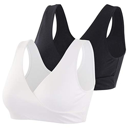 KUCI Maternity Nursing Bra Wireless Cotton Breastfeeding Bra for Sleep - color: Black+white/2pack, size: Medium