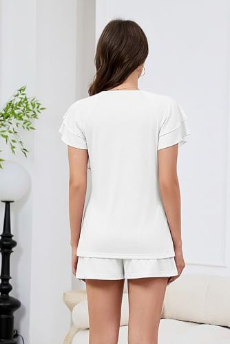 Anjue Summer Cotton 2Pcs Ruffle Sleeves Short Women Pajama Sets Lounge Set - color: White, size: Large