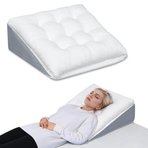 Bed Wedge Pillow for Sleep Apnea 10 Inch Gerd Pillow Patent Dual Layer Triangle Pillow Adjustable Shredded Memory Foam Topper Soft Support Ideal for Acid Reflux, After Surgery, Snoring - size: 24x24x10 Inch