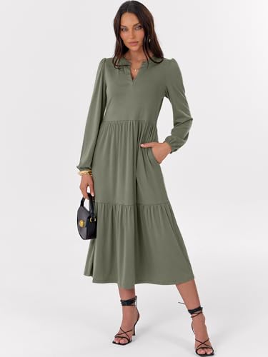 ANRABESS Women's Long Sleeve Fall Flowy Boho Maxi Dresses - color: Olive Green, size: Small