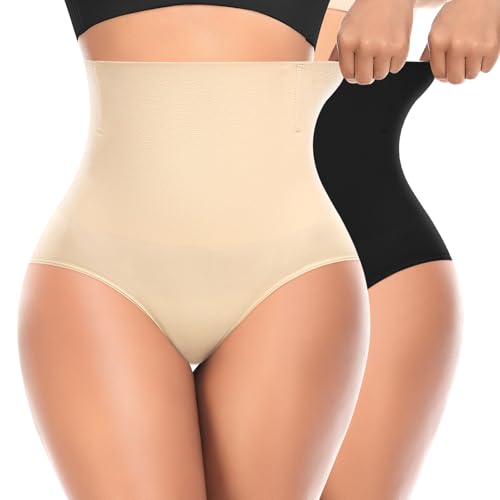 Werena Tummy Control Shapewear for Women High Waisted Body Shaper Panties Slimming Girdle Shaping Briefs - color: 2# Black+beige, size: Large