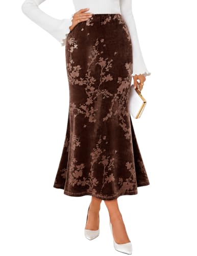 MEROKEETY Women's Fall Floral Velvet Maxi Skirt - color: Coffee, size: Large