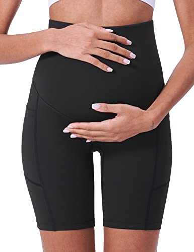 POSHDIVAH 3/4 Pack Maternity Biker Shorts Over The Belly with Pockets 5"/8" - color: Black/Black/Pink/Navy Blue 8", size: X-Large