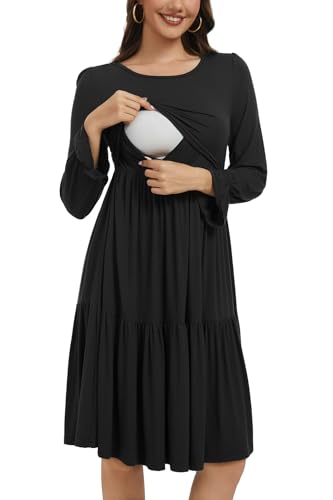 Smallshow Women's Ruffle Maternity Nursing Dress Long Sleeve - color: Black, size: Large