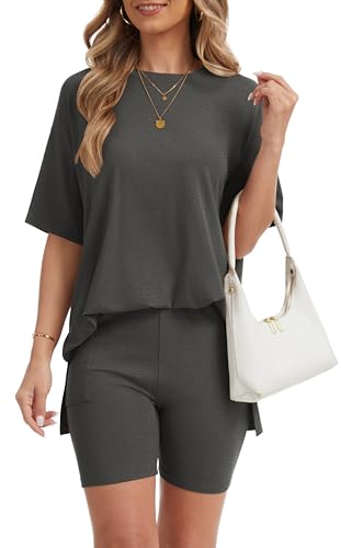 RUBZOOF Women 2 Piece Lounge Sets Summer Outfits Shorts Set - color: Deep Grey, size: Large