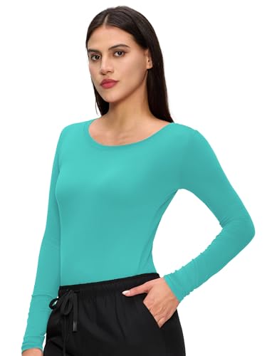 Underscrub Long Sleeve Women Crew Neck Comfort Tee, Scrub Undershirt - color: Aqua Blue, size: Medium
