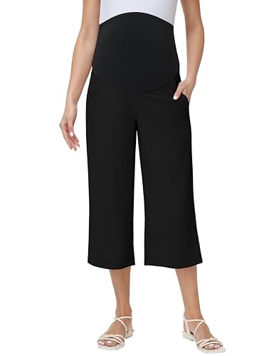 Maternity Capris Wide Leg Pregnancy Cropped Pants - color: Black, size: Large