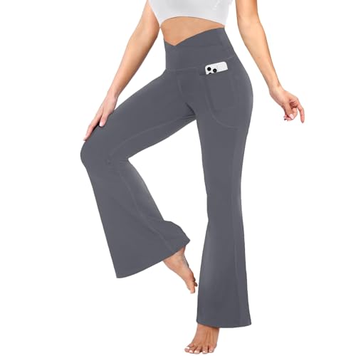 YOLIX Flare Leggings for Women with Pockets - Crossover High Waisted Black Flared Leggings for Yoga Gym Workout - color: Dark Grey, size: X-Large