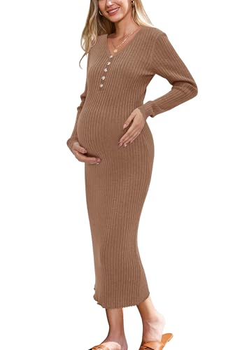OUGES Women's Wool Maternity Sweater Dress Button Fall Baby Shower Dress - color: Camel, size: Medium