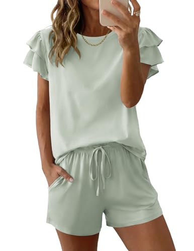 Ekouaer Womens Pajama Sets 2 Piece Ruffle Sleeves Top and Shorts Pjs - color: Sage Green, size: Small