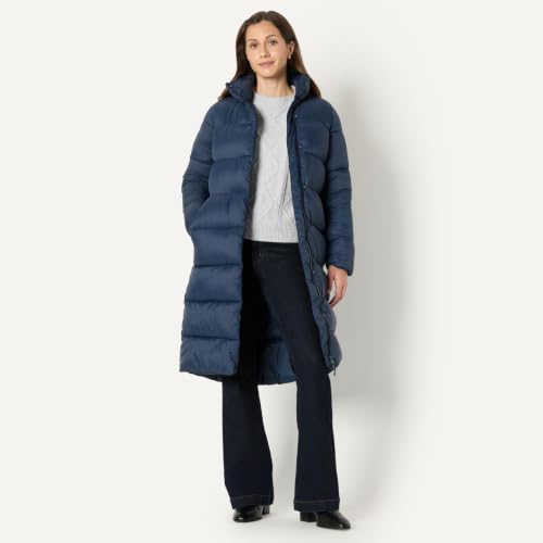 Amazon Essentials Women's Lightweight Full-Zip Water-Resistant Long Cocoon Puffer Winter Coat, Stand Collar, Insulated - color: Navy, size: Medium