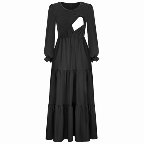 CzzzyL Women's Nursing Dress Smocked Bodice Ruched Midi with Pockets - color: Black, size: Medium