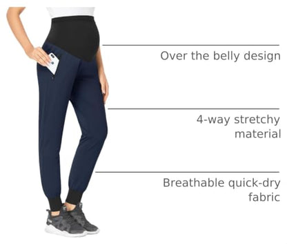 POSHGLAM Women's Maternity Joggers Casual Quick-Dry Active Pregnancy Scrub Pants - color: Dark Navy, size: Medium