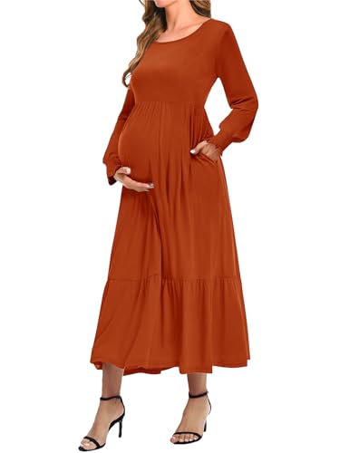 CzzzyL Women Nursing Dresses Crew Neck Fall Maternity Tiered with Pockets - color: Orange, size: Small