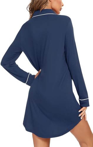 Samring Nightgowns for Women Long Sleeve Button Down Night Gown Sleepshirts - color: Cyan Blue, size: X-Large