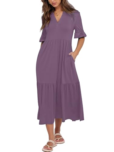 CzzzyL Womens Nursing Dresses Ruffle Sleeve V Neck Tiered with Pockets - color: Purple, size: Small
